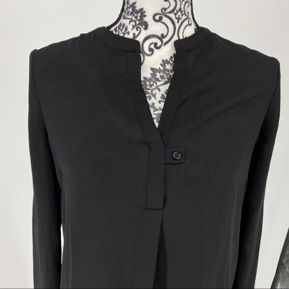 Pleione split neck black Long Sleeve Blouse button tab. Black. Business work - Picture 5 of 9